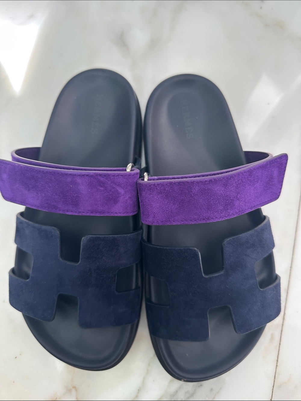 Hermes Navy and Purple Suede Slide Sandals